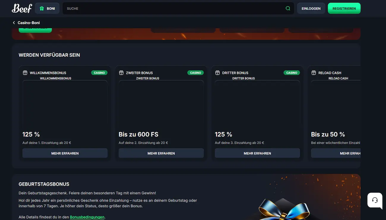 Beef Casino Bonus Seite: Willkommensbonus, zweiter und dritter Einzahlungsbonus sowie Reload Cash