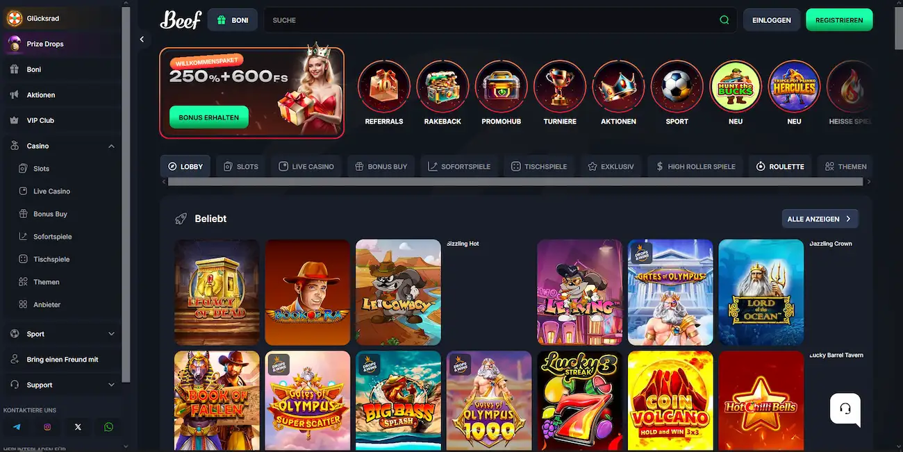 Beef Casino Lobby mit Slots, Live Casino, Sportwetten und Willkommensbonus für Spieler aus Deutschland
